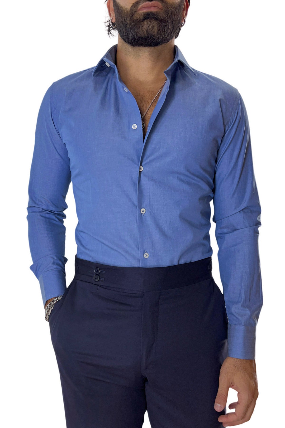 Camicia Uomo slim fit in cotone 100% denim chiaro Collo semi francese tinta unita