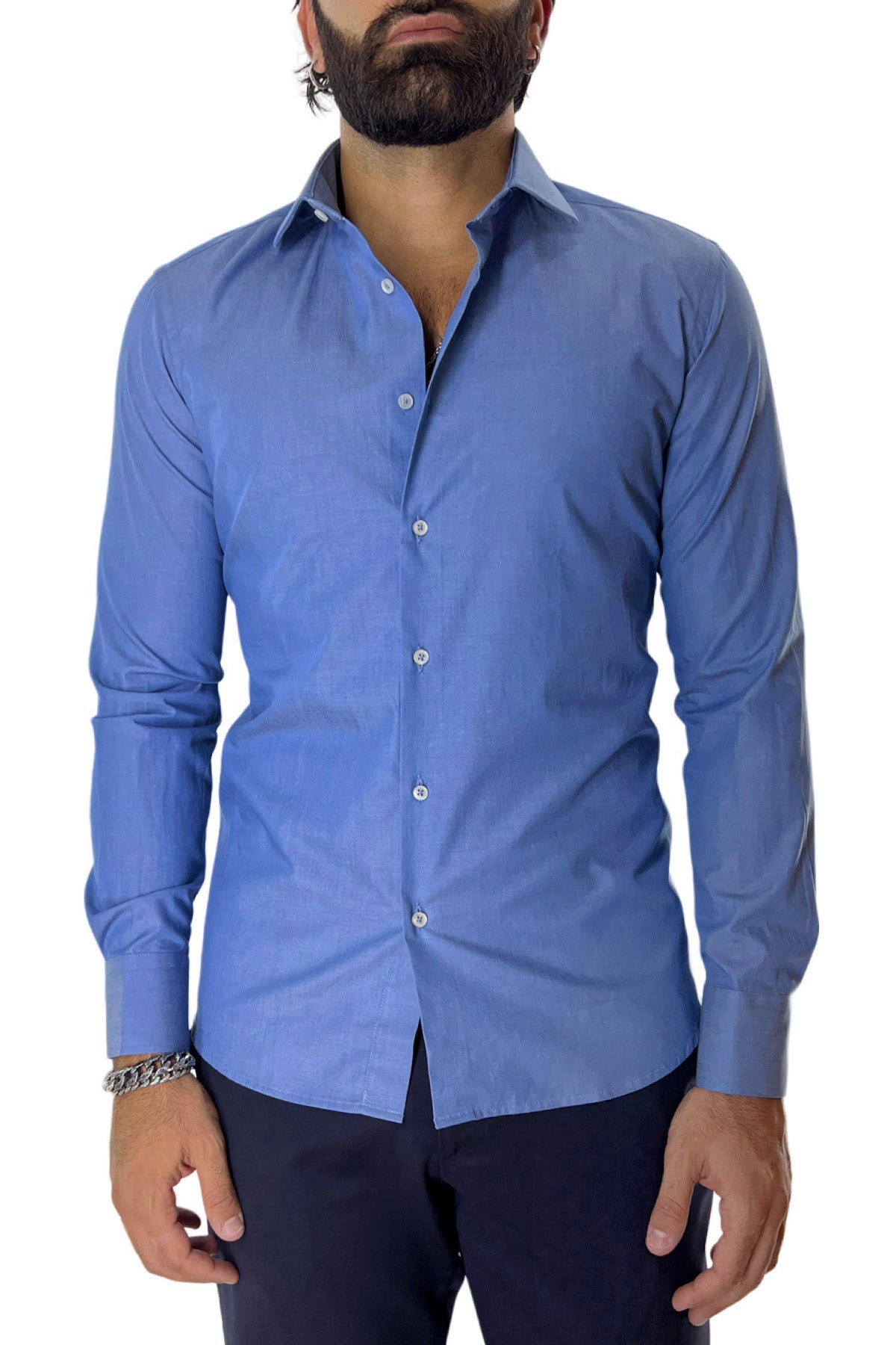 Camicia Uomo slim fit in cotone 100% denim chiaro Collo semi francese tinta unita
