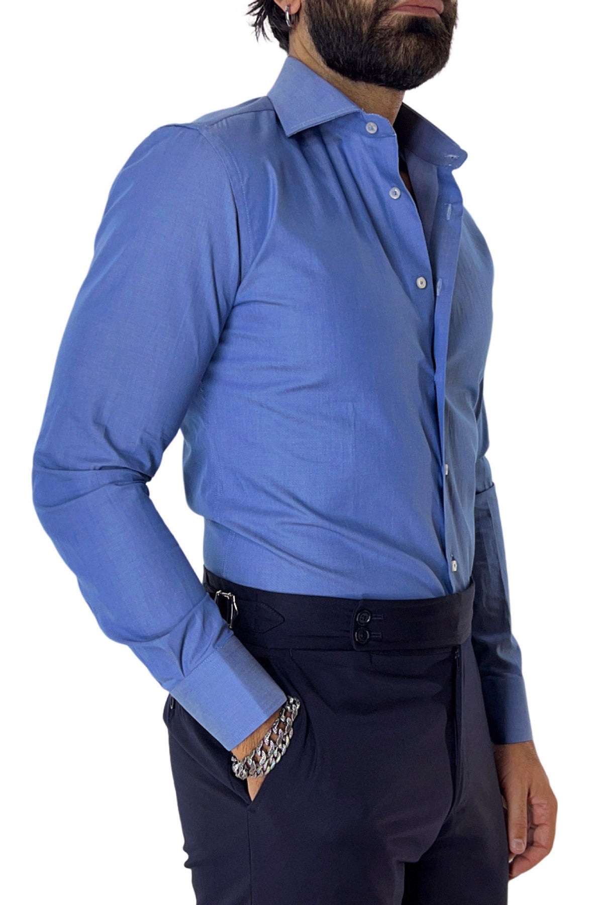Camicia Uomo slim fit in cotone 100% denim chiaro Collo semi francese tinta unita
