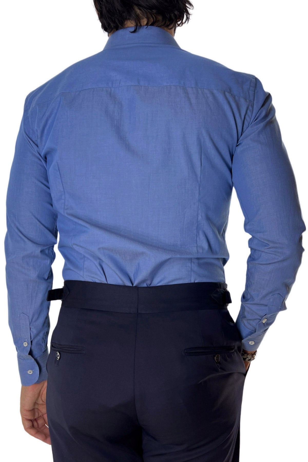 Camicia Uomo slim fit in cotone 100% denim chiaro Collo semi francese tinta unita