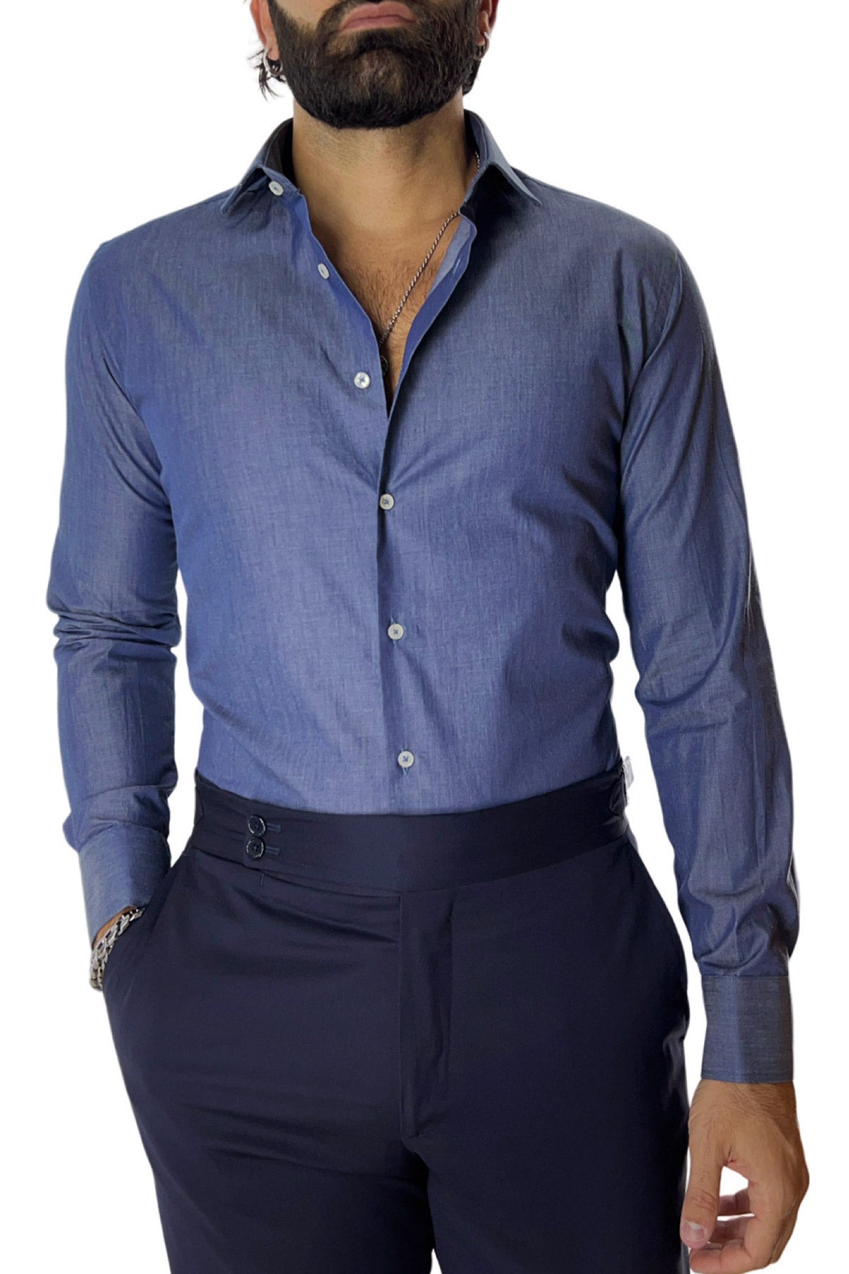Camicia Uomo Slim fit in cotone 100% denim Collo semi francese tinta unita