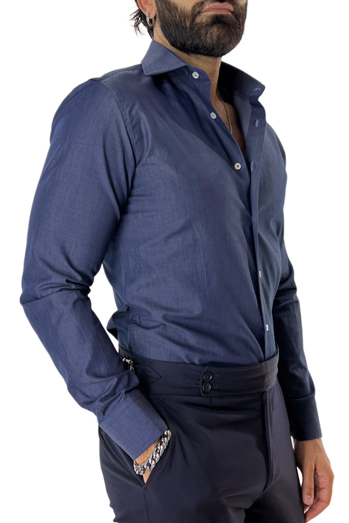 Camicia Uomo Slim fit in cotone 100% denim Collo semi francese tinta unita