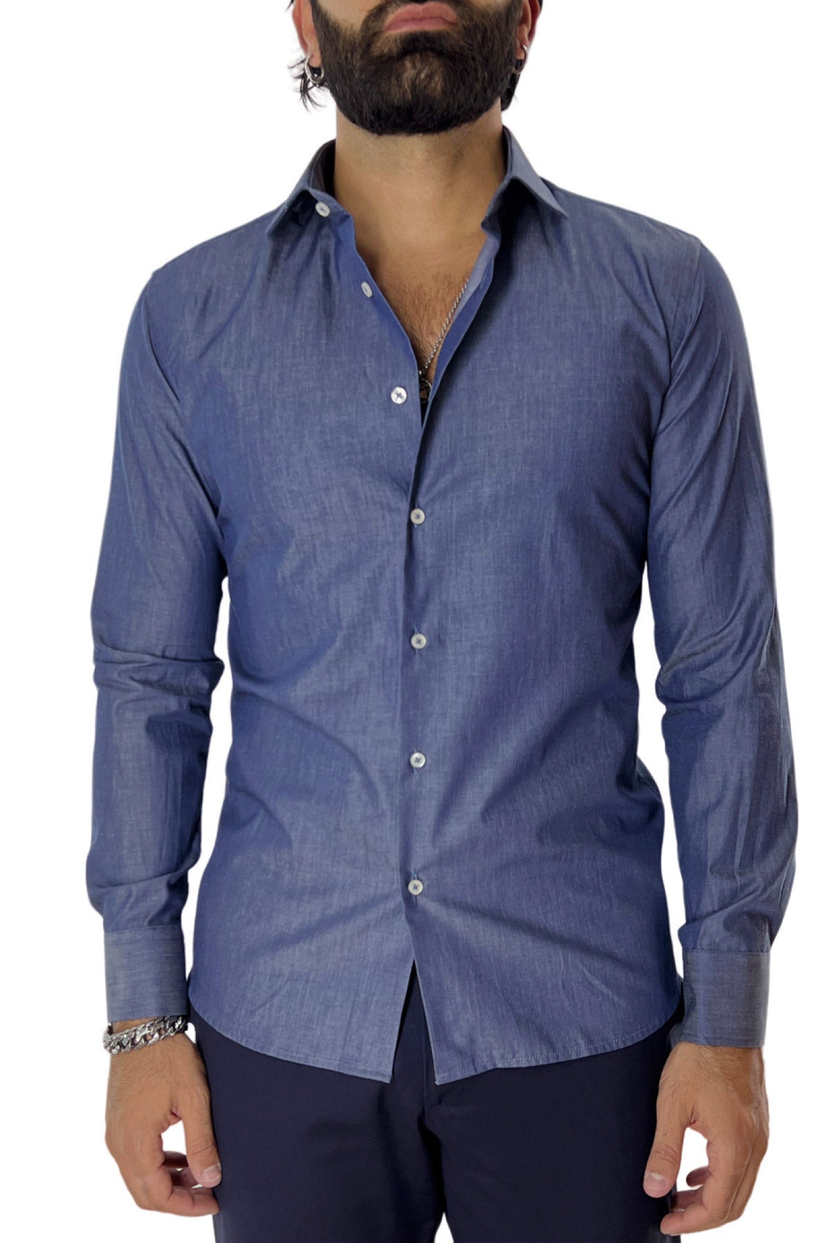 Camicia Uomo Slim fit in cotone 100% denim Collo semi francese tinta unita
