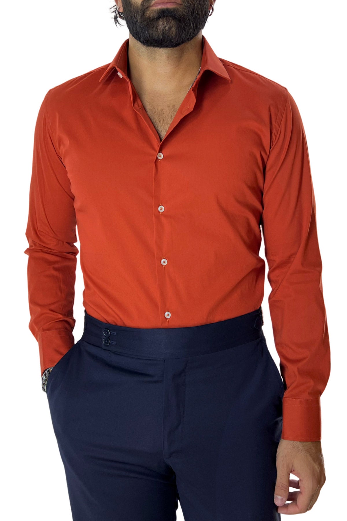 Camicia Uomo extra Slim fit cotone Elastico Collo semi francese tinta unita