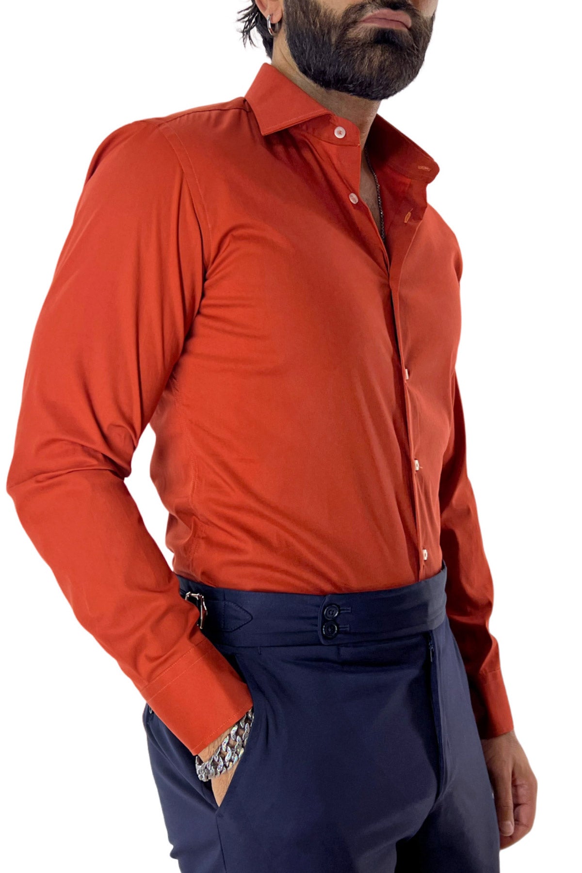 Camicia Uomo extra Slim fit cotone Elastico Collo semi francese tinta unita