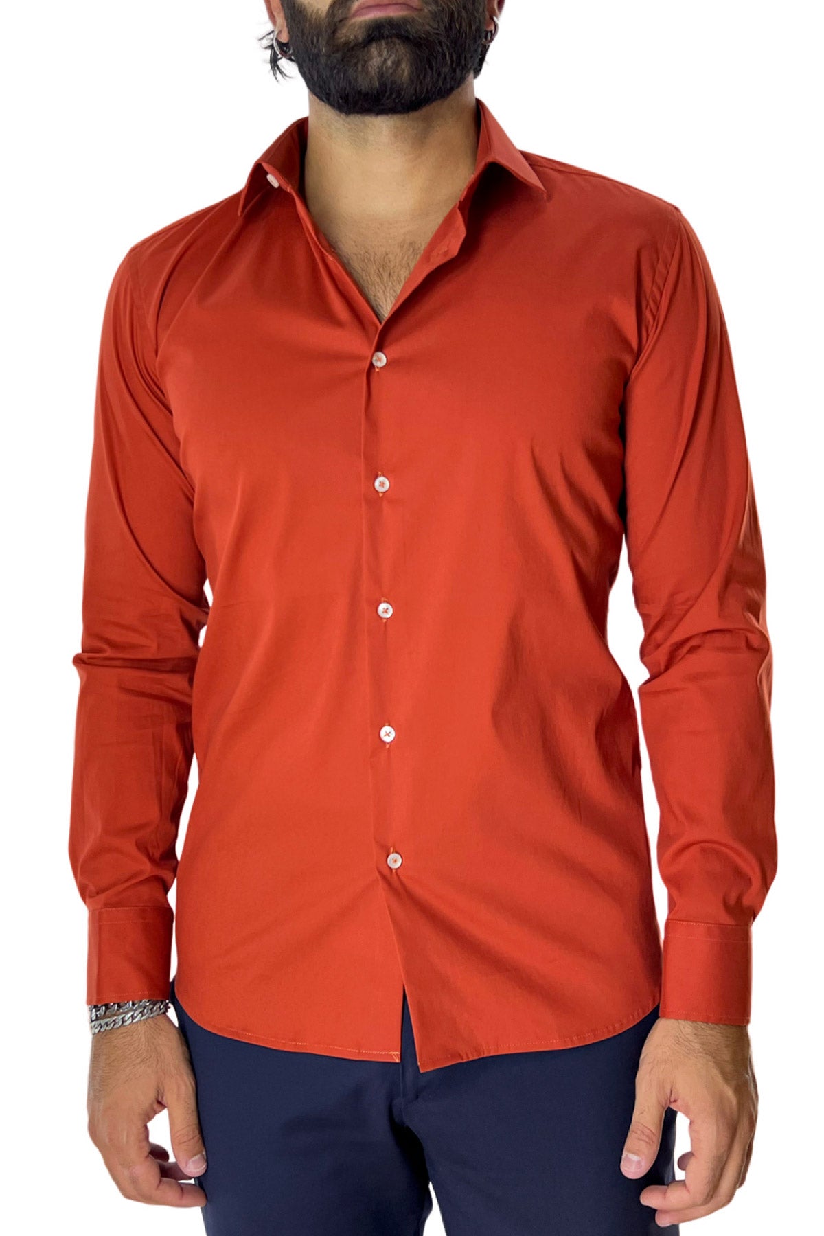 Camicia Uomo extra Slim fit cotone Elastico Collo semi francese tinta unita