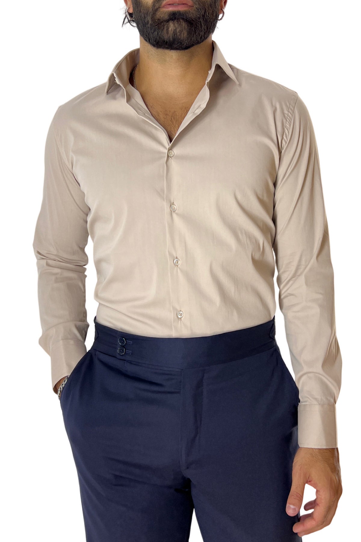 Camicia Uomo extra Slim fit cotone Elastico Collo semi francese tinta unita
