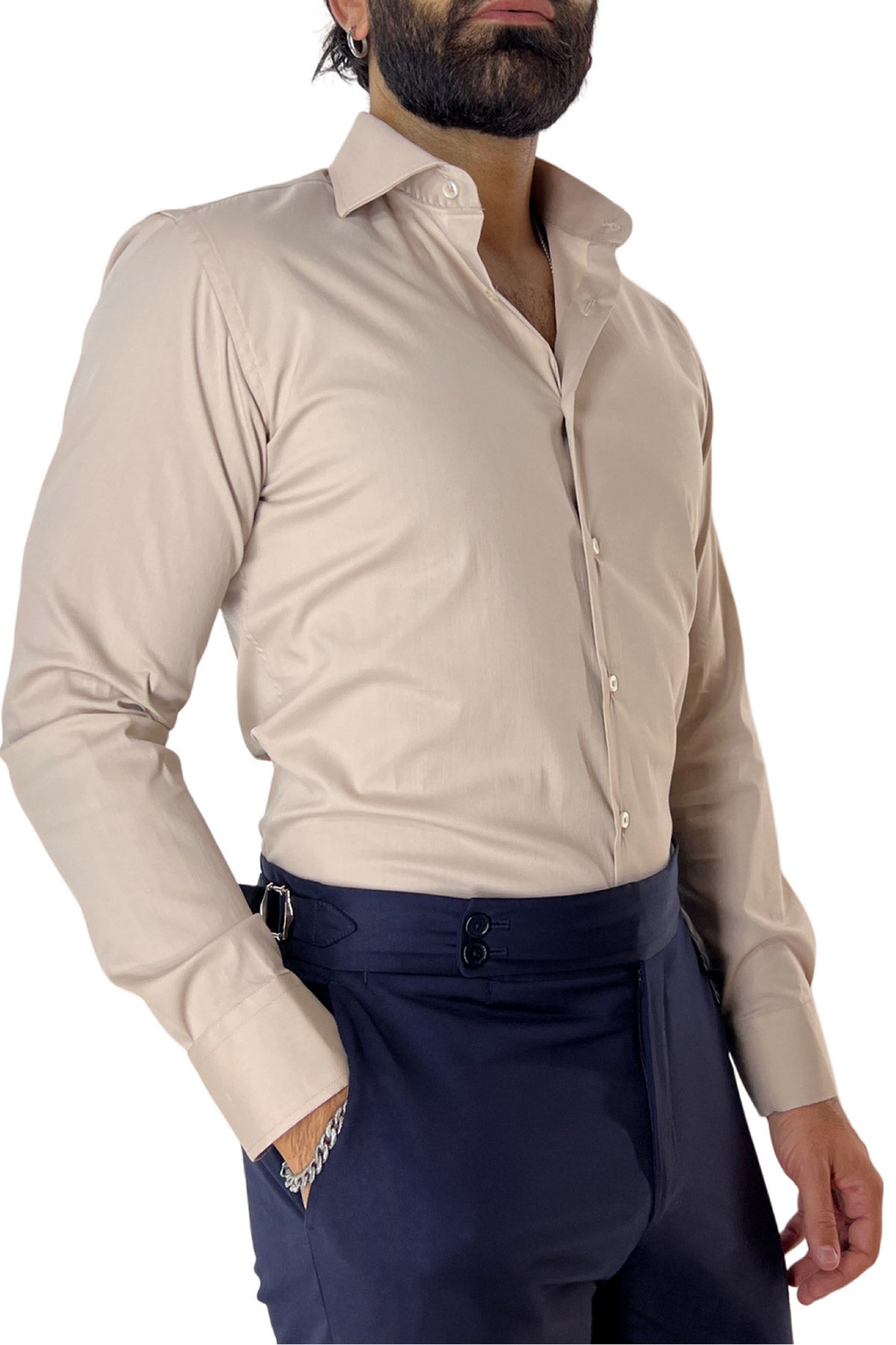 Camicia Uomo extra Slim fit cotone Elastico Collo semi francese tinta unita