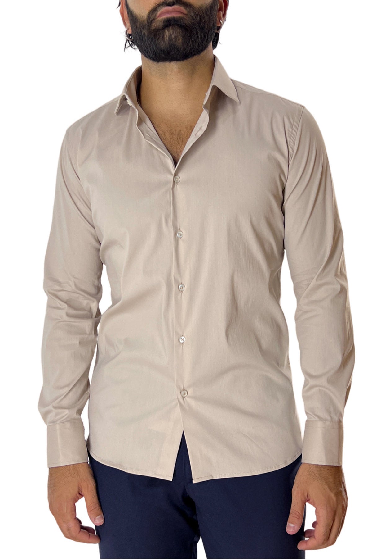 Camicia Uomo extra Slim fit cotone Elastico Collo semi francese tinta unita