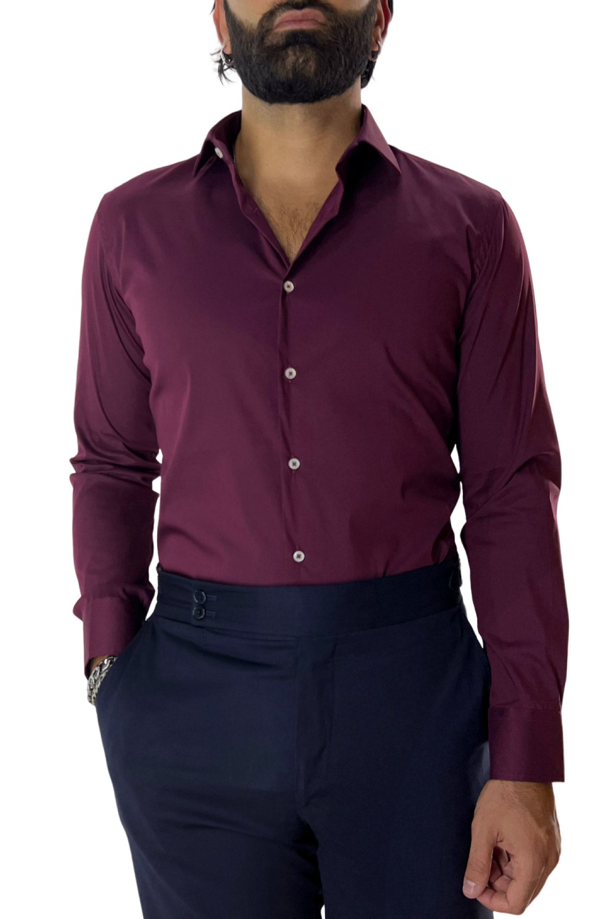 Camicia Uomo extra Slim fit cotone Elastico Collo semi francese tinta unita