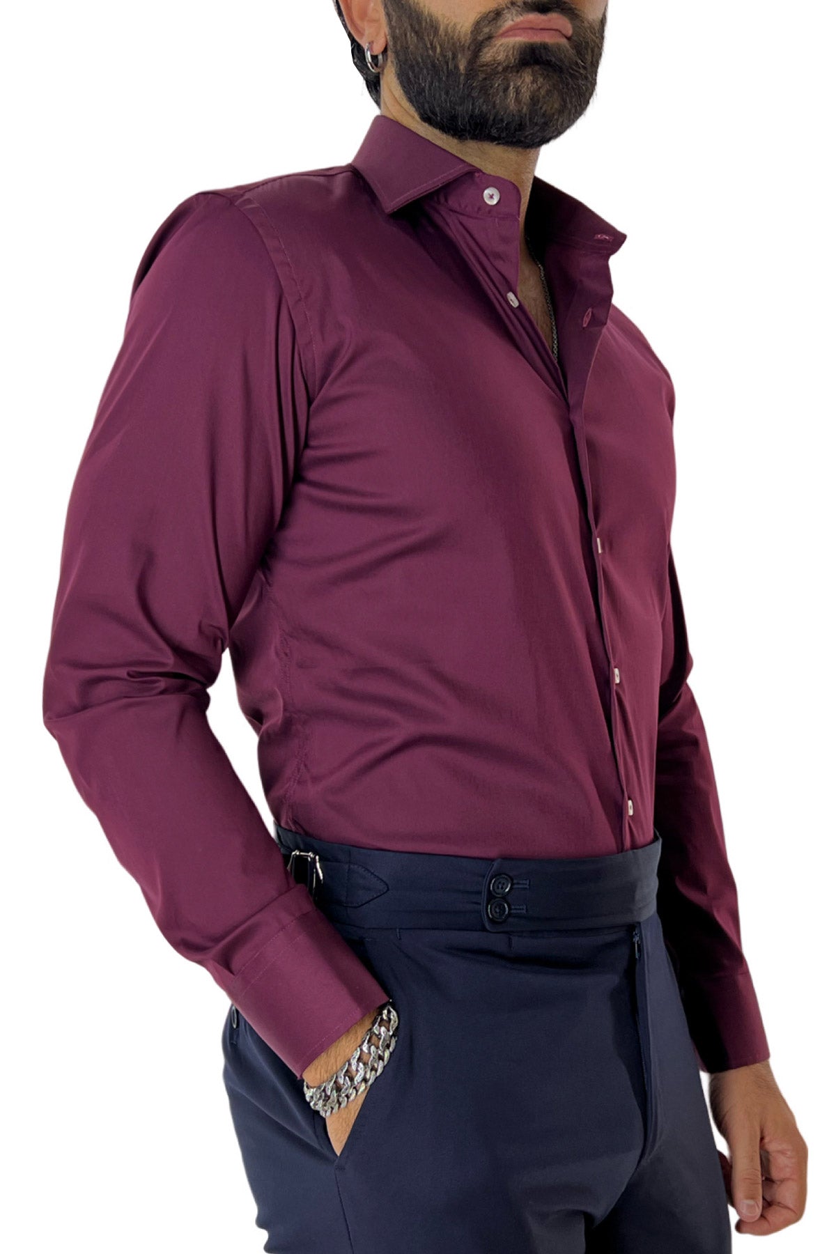 Camicia Uomo extra Slim fit cotone Elastico Collo semi francese tinta unita