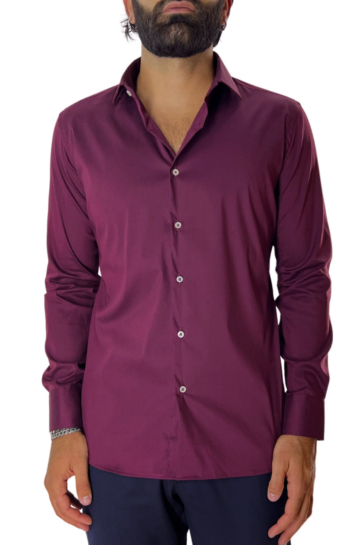 Camicia Uomo extra Slim fit cotone Elastico Collo semi francese tinta unita