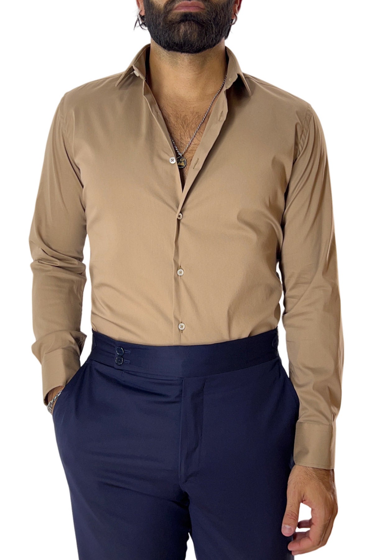 Camicia Uomo extra Slim fit cotone Elastico Collo semi francese tinta unita