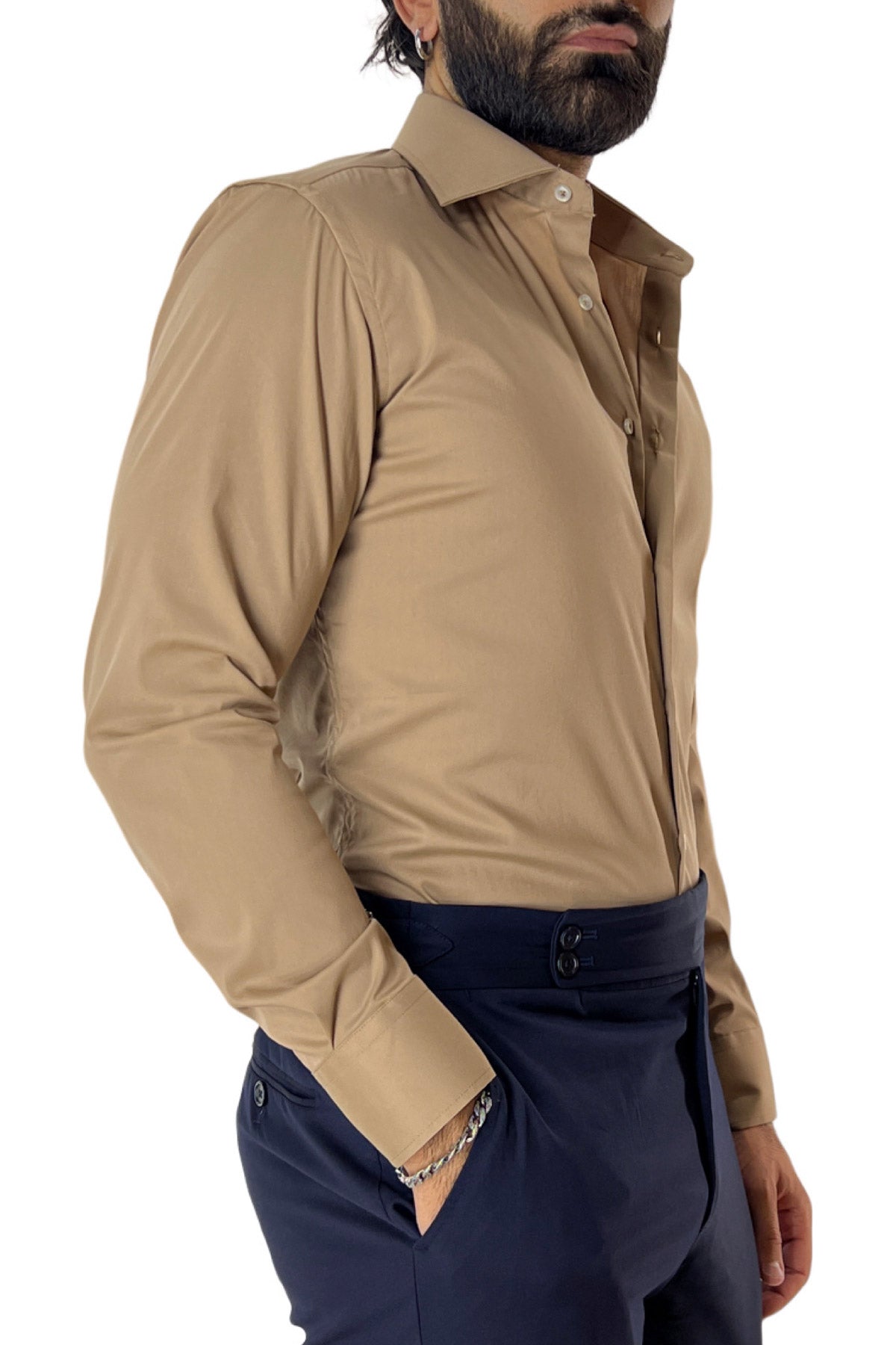 Camicia Uomo extra Slim fit cotone Elastico Collo semi francese tinta unita