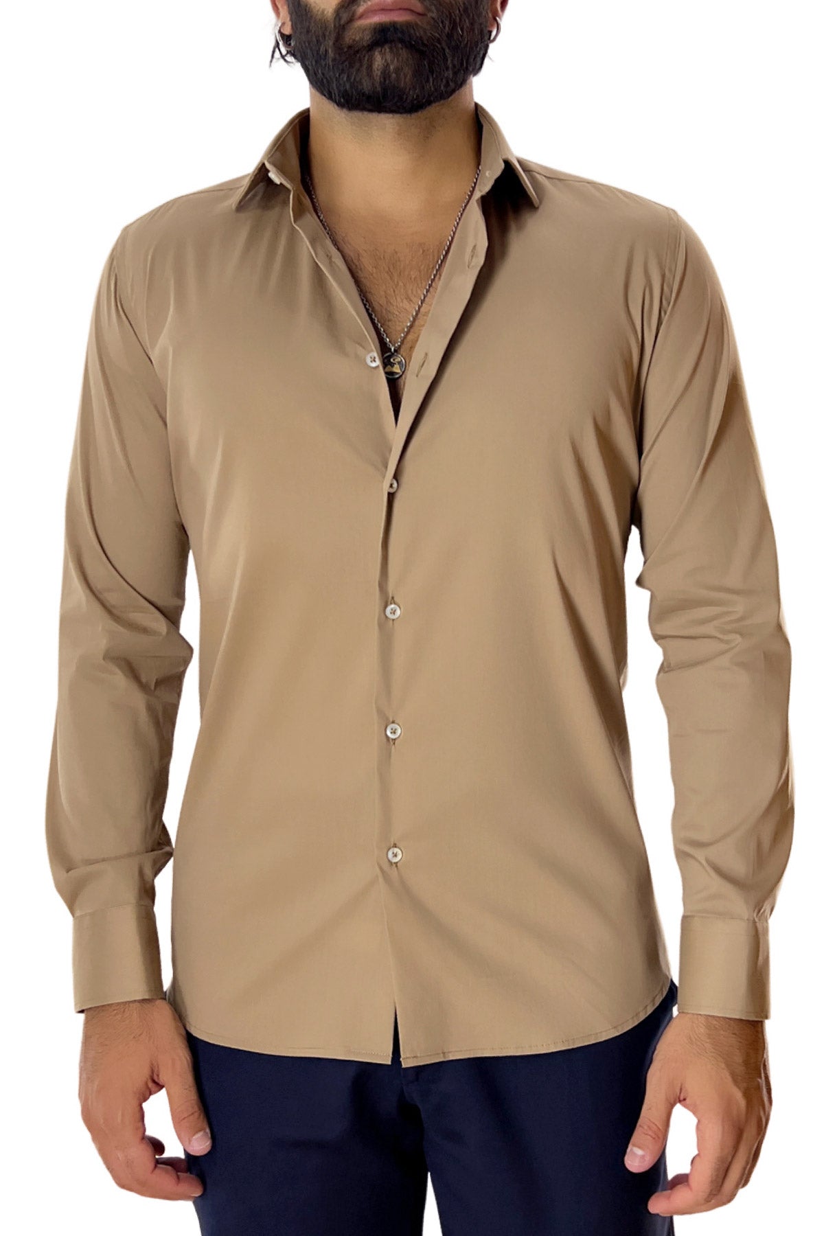 Camicia Uomo extra Slim fit cotone Elastico Collo semi francese tinta unita