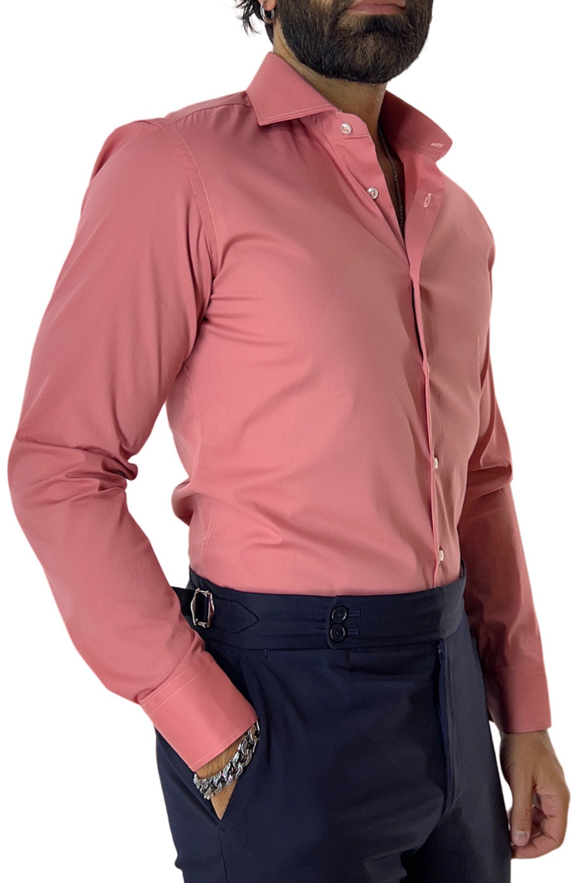 Camicia Uomo extra Slim fit cotone Elastico Collo semi francese tinta unita