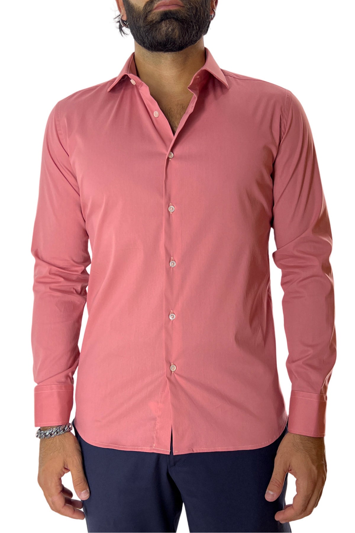 Camicia Uomo extra Slim fit cotone Elastico Collo semi francese tinta unita
