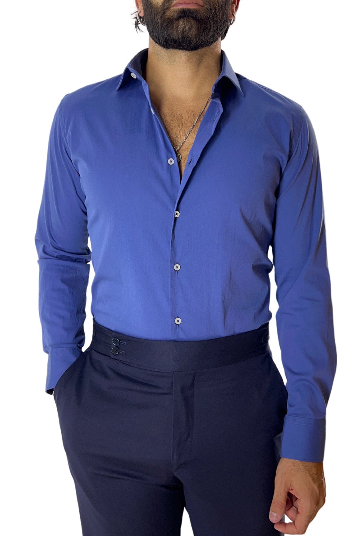Camicia Uomo extra Slim fit cotone Elastico Collo semi francese tinta unita