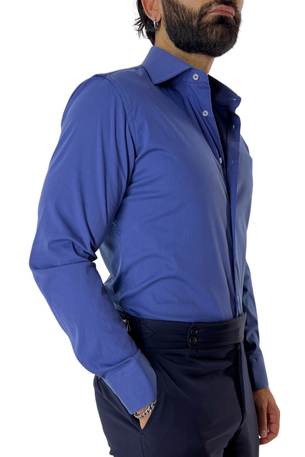 Camicia Uomo extra Slim fit cotone Elastico Collo semi francese tinta unita