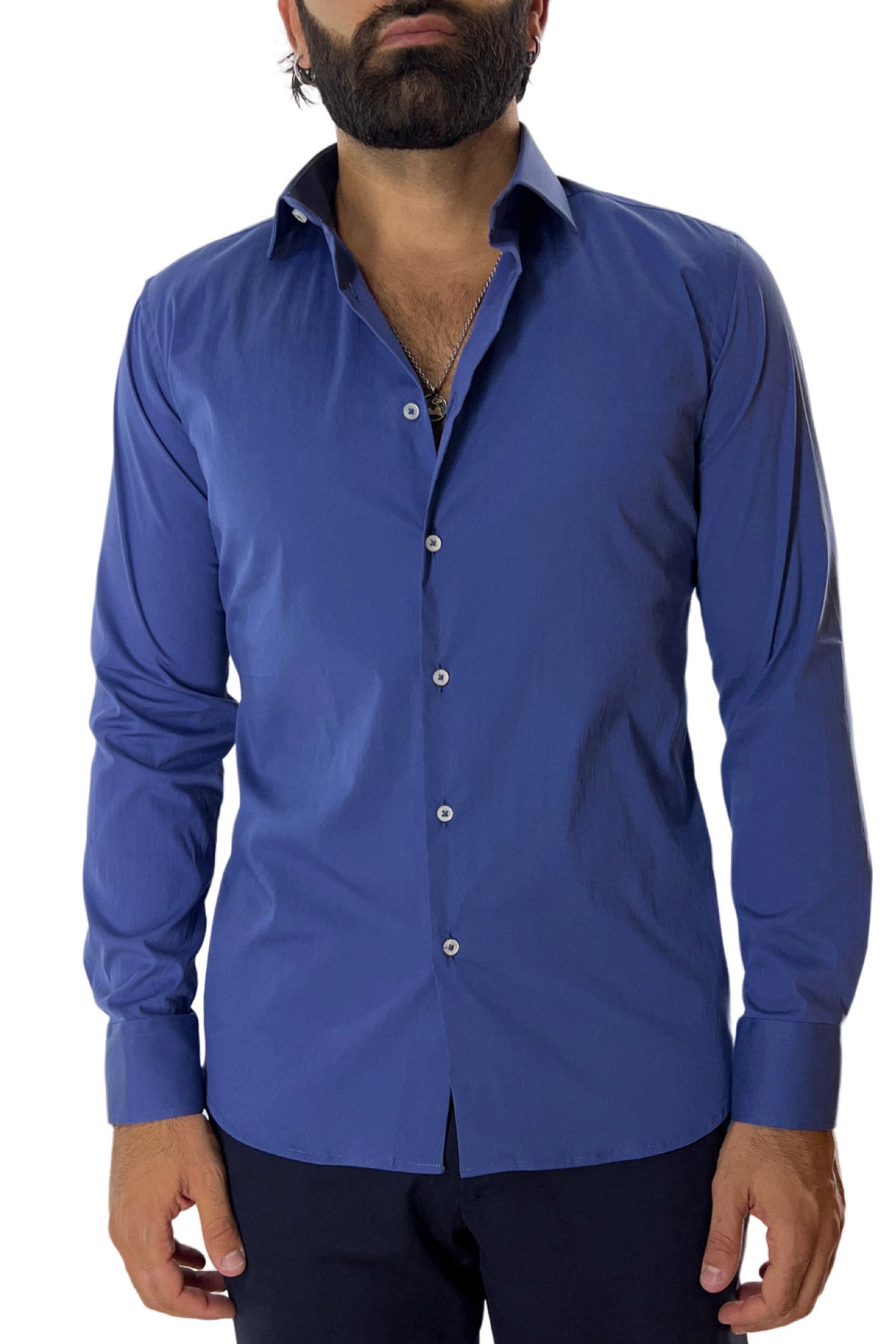 Camicia Uomo extra Slim fit cotone Elastico Collo semi francese tinta unita