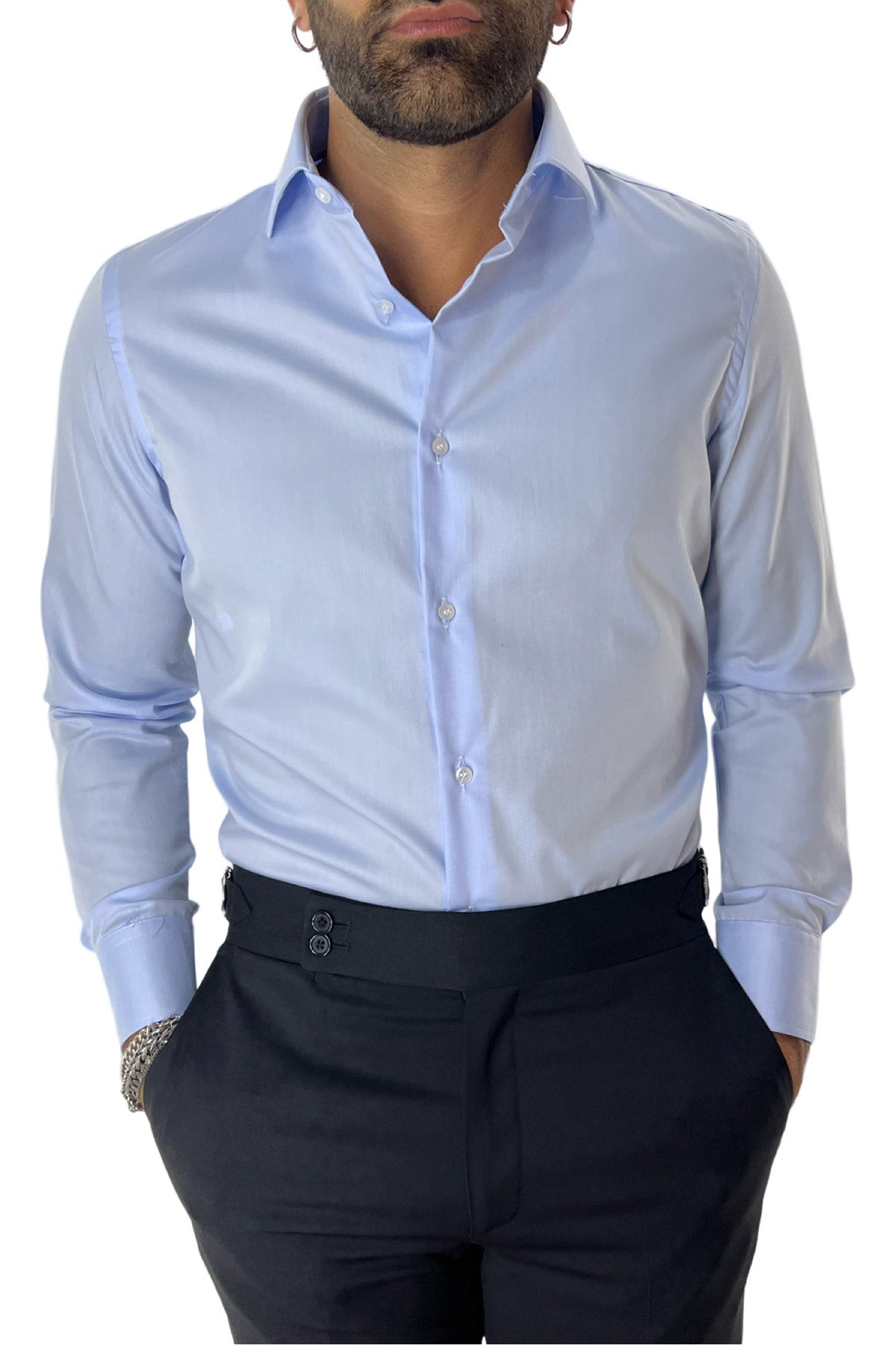 Camicia Uomo Slim fit 100% cotone morbido effetto microriga tono su tono Collo semi francese tinta unita
