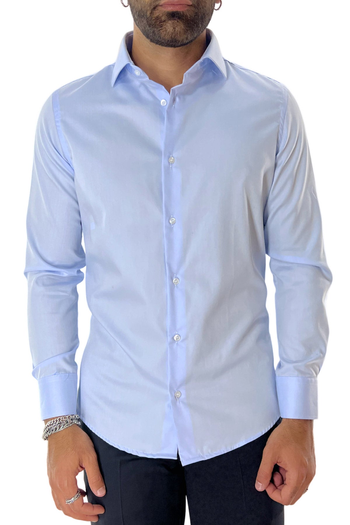 Camicia Uomo Slim fit 100% cotone morbido effetto microriga tono su tono Collo semi francese tinta unita