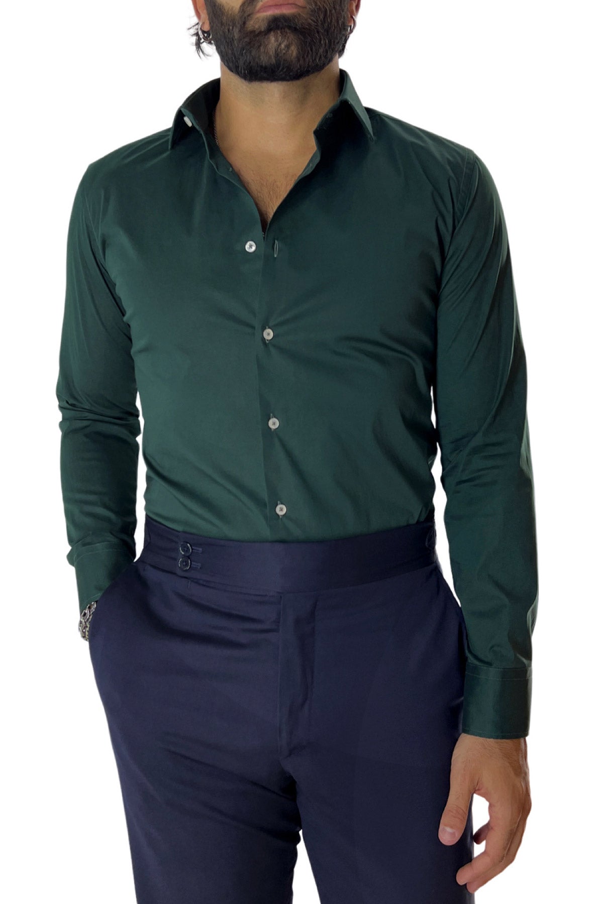 Camicia Uomo extra Slim fit cotone Elastico Collo semi francese tinta unita sartoriale