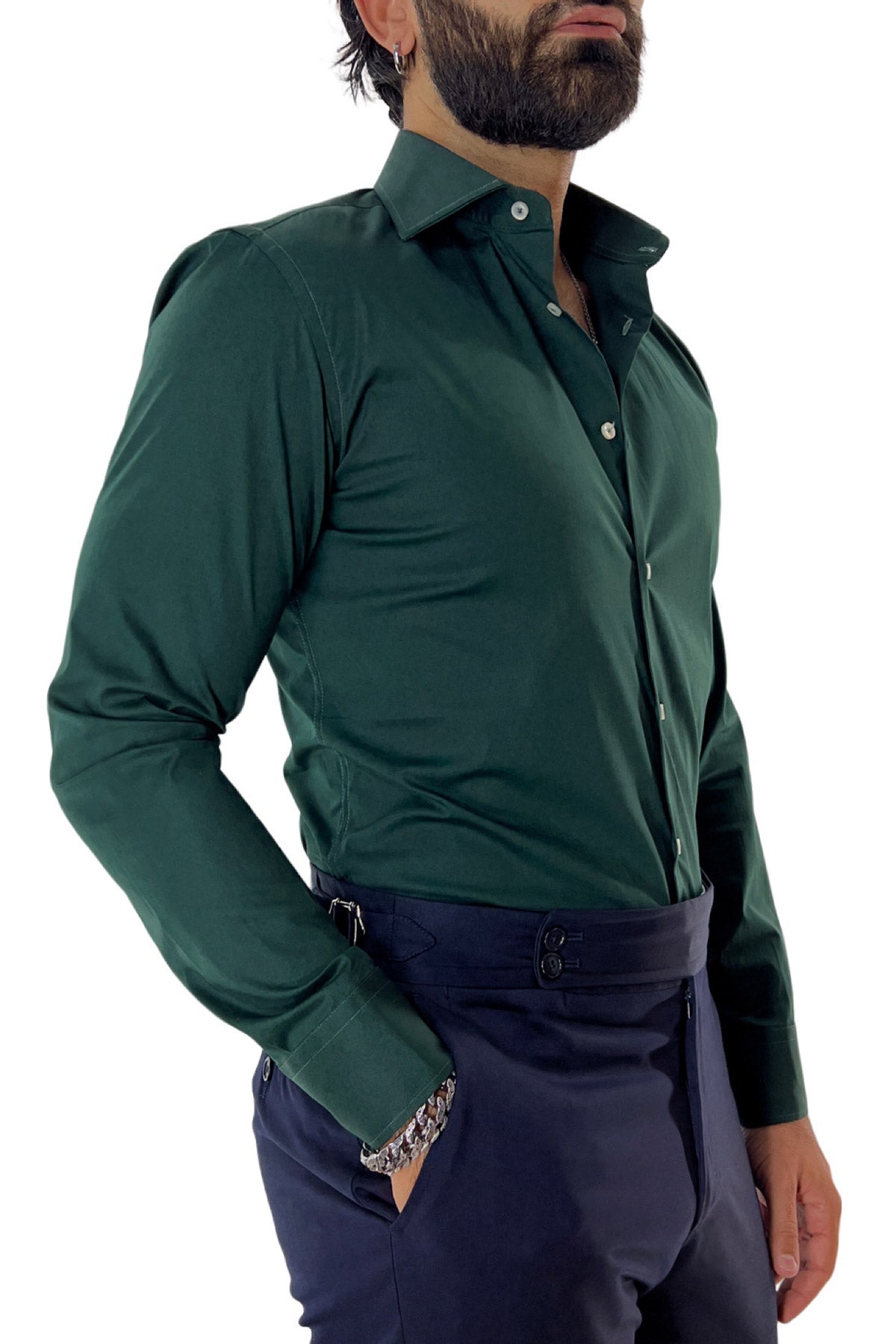 Camicia Uomo extra Slim fit cotone Elastico Collo semi francese tinta unita sartoriale