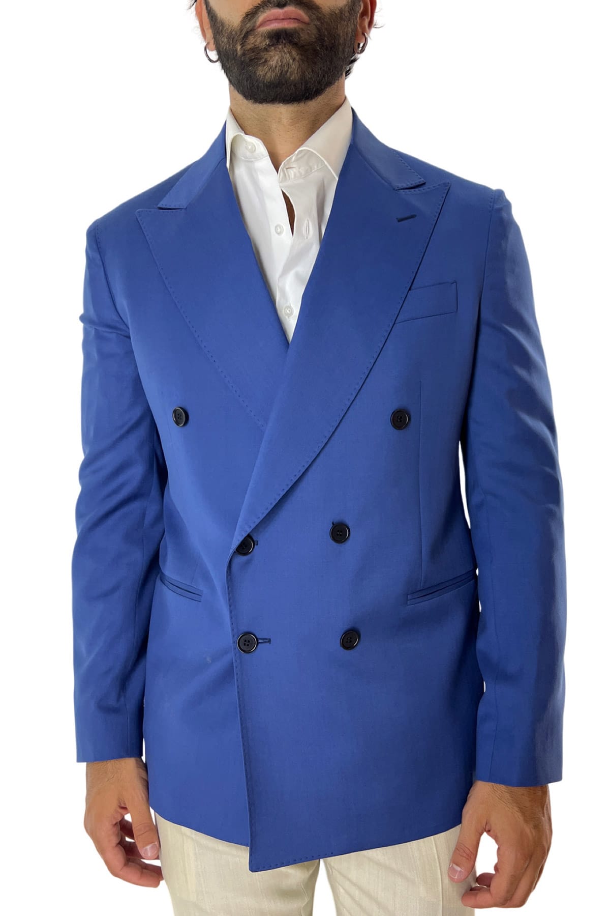 Giacca uomo doppiopetto royal blu in fresco lana 120's Holland & Sherry tasche a filo
