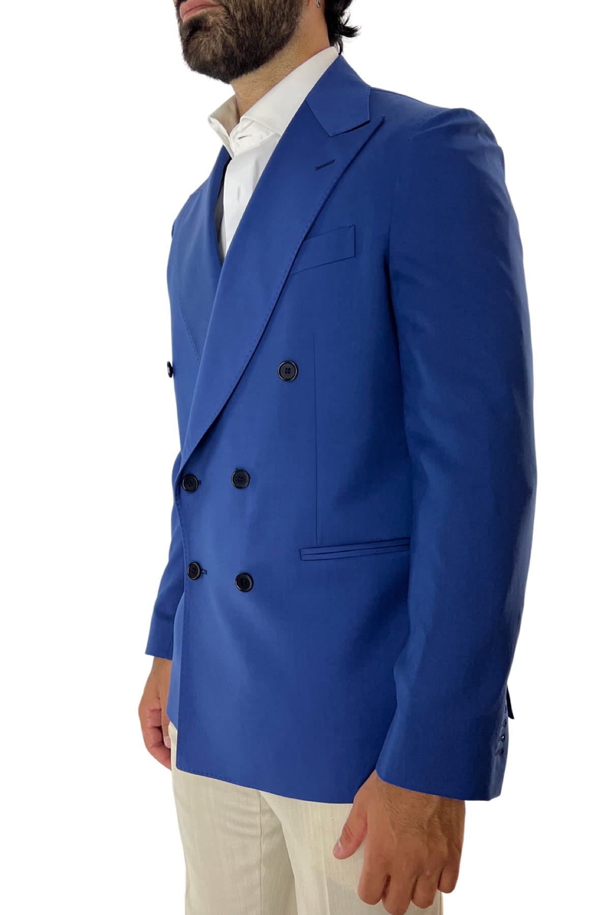 Giacca uomo doppiopetto royal blu in fresco lana 120's Holland & Sherry tasche a filo
