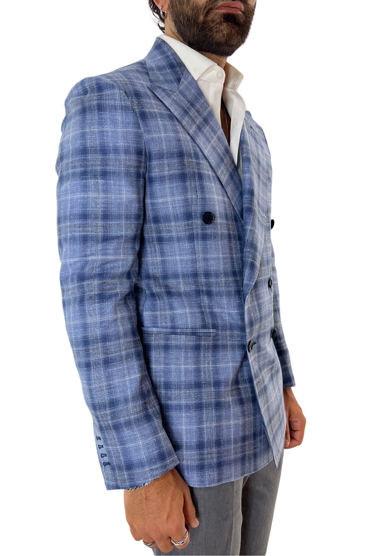 Giacca uomo doppiopetto blu a quadri in fresco lana 120's seta e lino Holland & Sherry tasche a filo