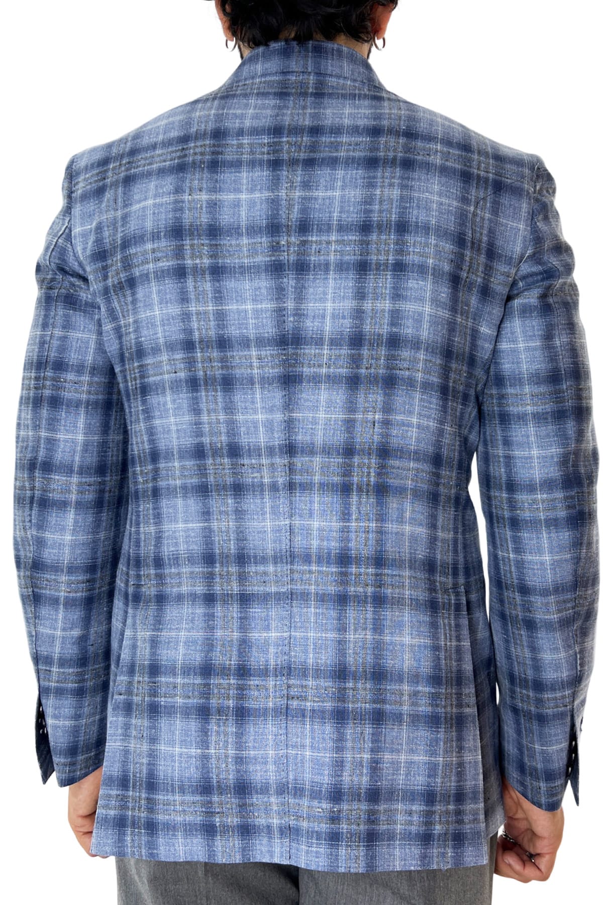 Giacca uomo doppiopetto blu a quadri in fresco lana 120's seta e lino Holland & Sherry tasche a filo