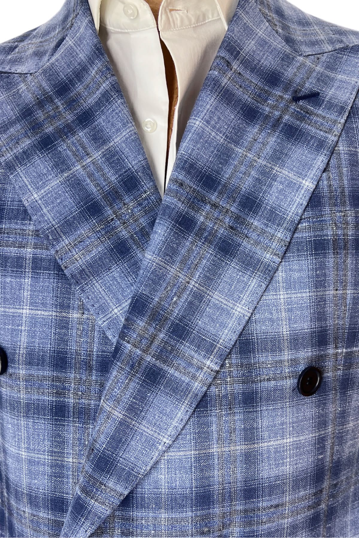 Giacca uomo doppiopetto blu a quadri in fresco lana 120's seta e lino Holland & Sherry tasche a filo