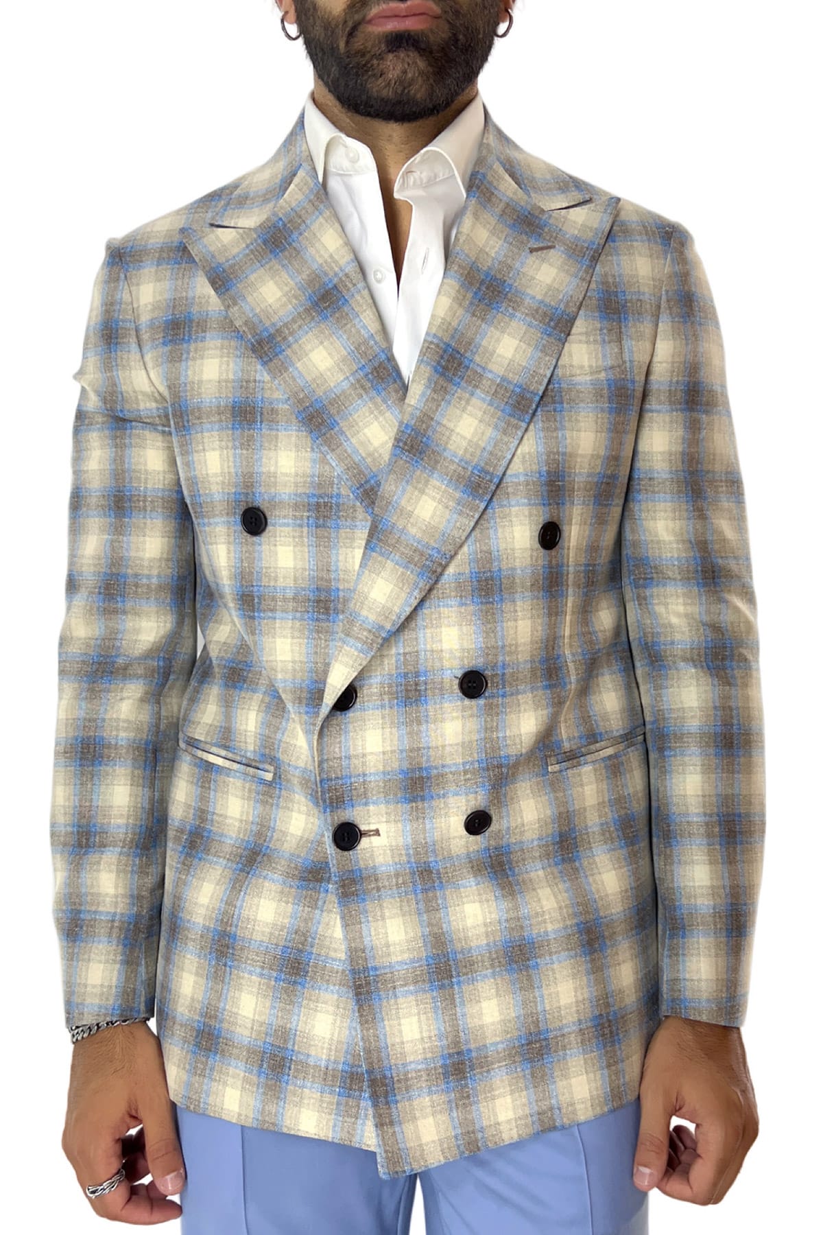 Giacca uomo doppiopetto beige a quadri in fresco lana 120's seta e lino Holland & Sherry tasche a filo