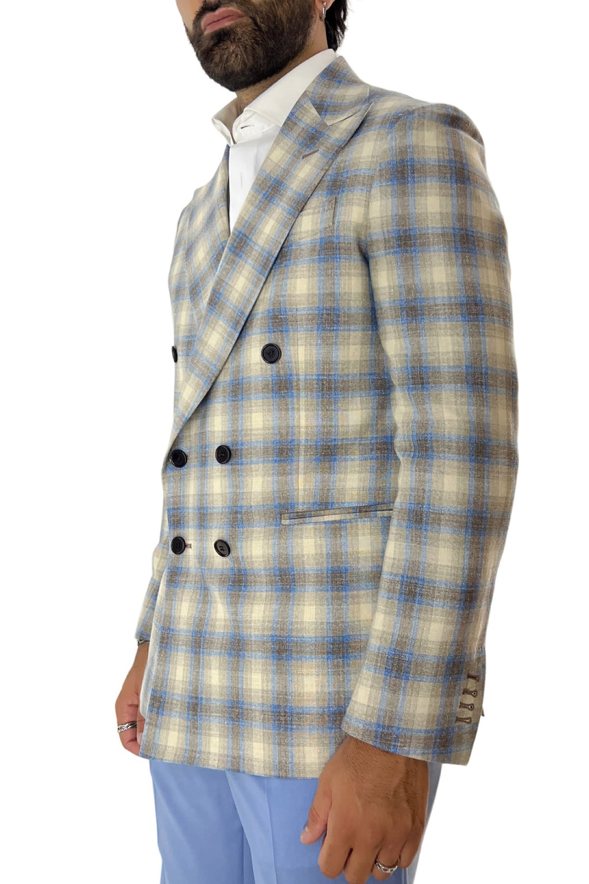 Giacca uomo doppiopetto beige a quadri in fresco lana 120's seta e lino Holland & Sherry tasche a filo