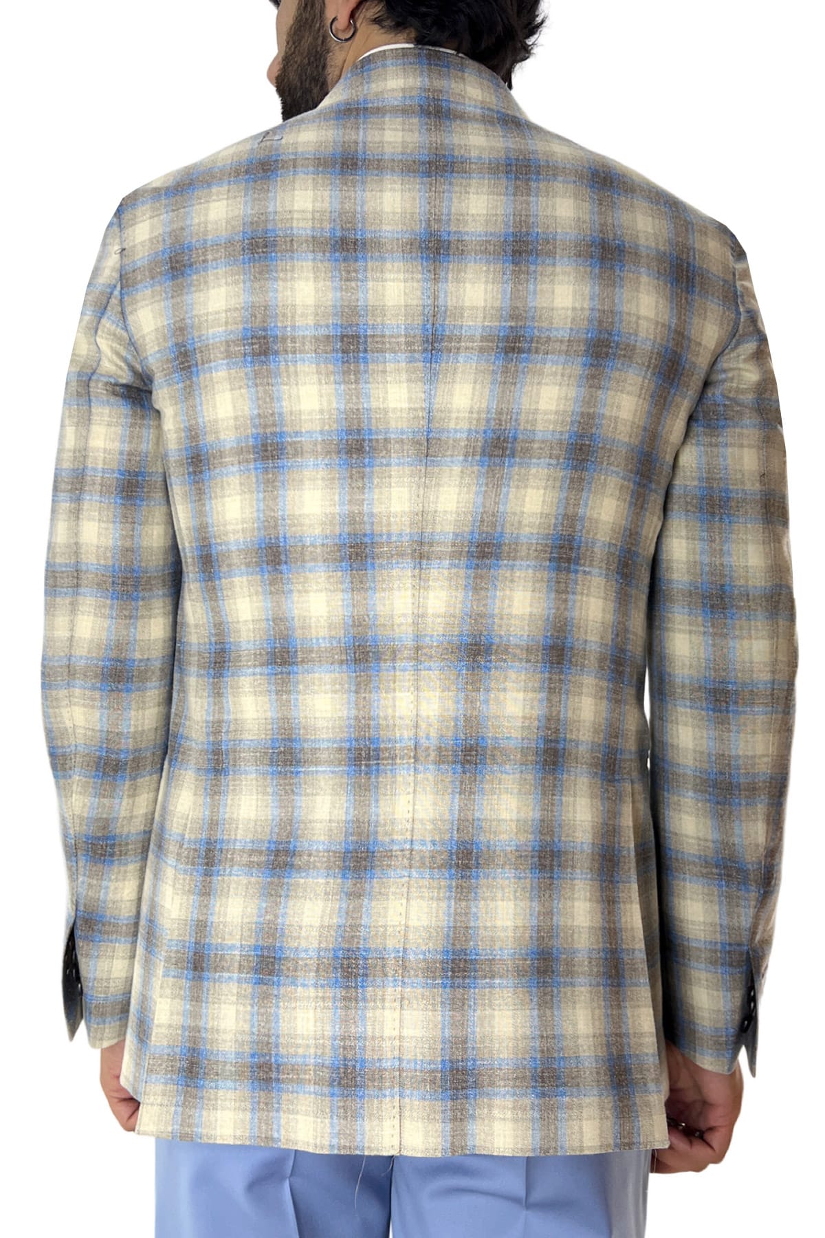 Giacca uomo doppiopetto beige a quadri in fresco lana 120's seta e lino Holland & Sherry tasche a filo