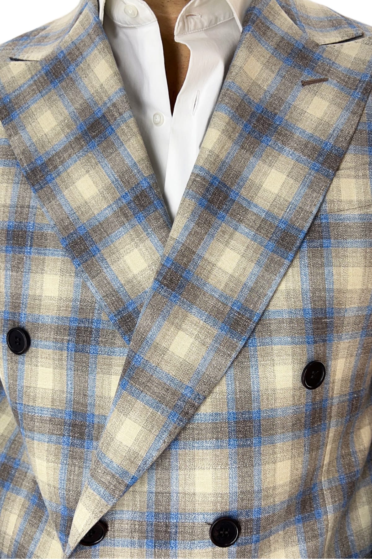 Giacca uomo doppiopetto beige a quadri in fresco lana 120's seta e lino Holland & Sherry tasche a filo