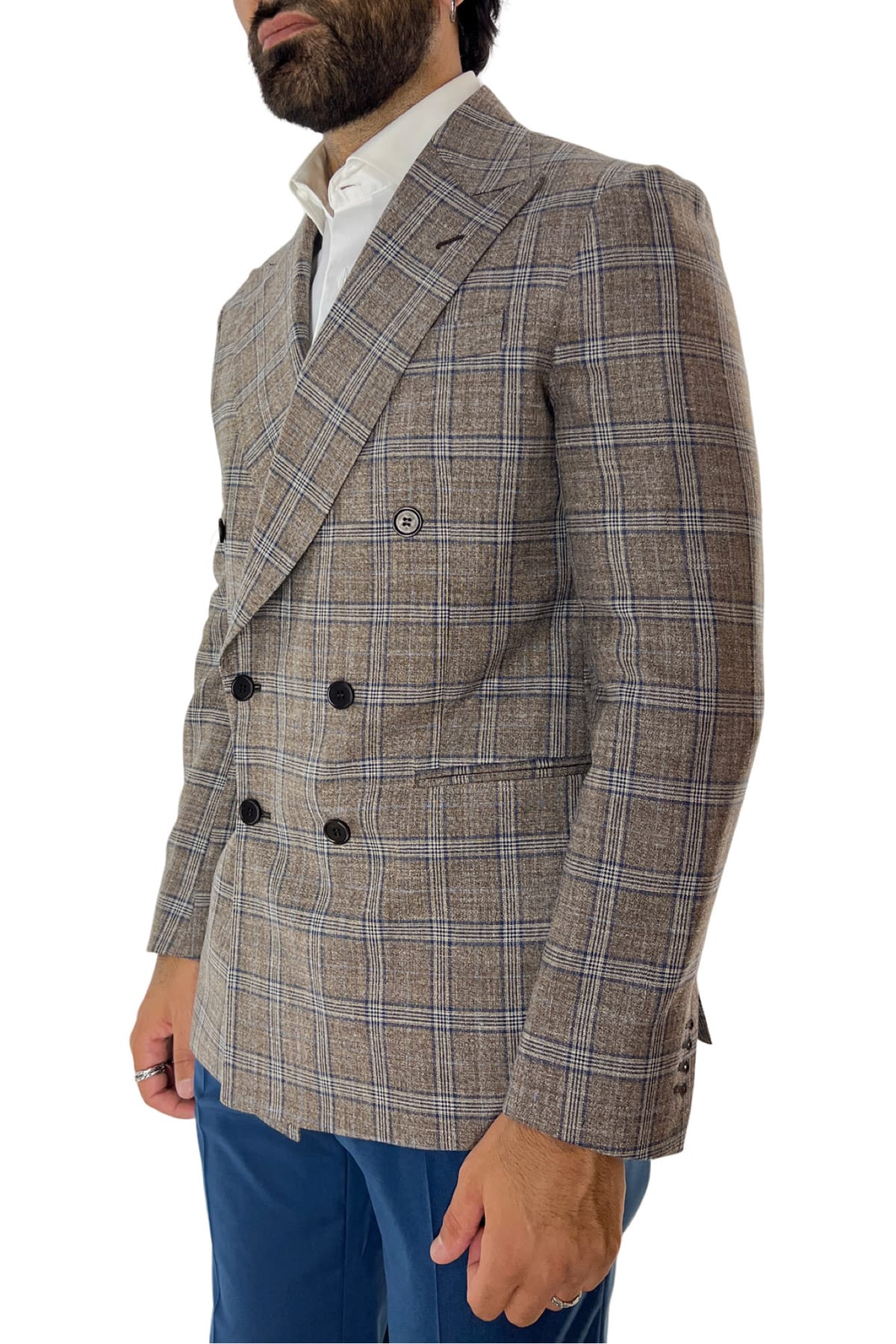 Giacca uomo doppiopetto marrone a quadri in fresco lana 120's seta e lino Holland & Sherry tasche a filo