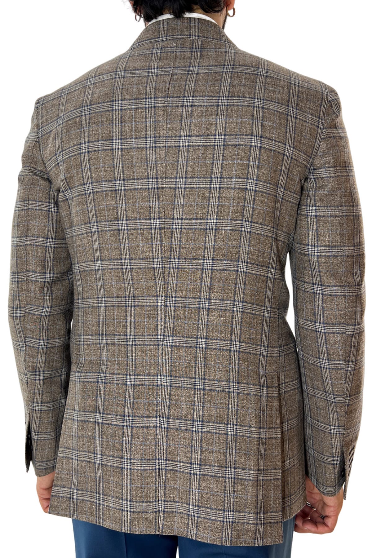Giacca uomo doppiopetto marrone a quadri in fresco lana 120's seta e lino Holland & Sherry tasche a filo