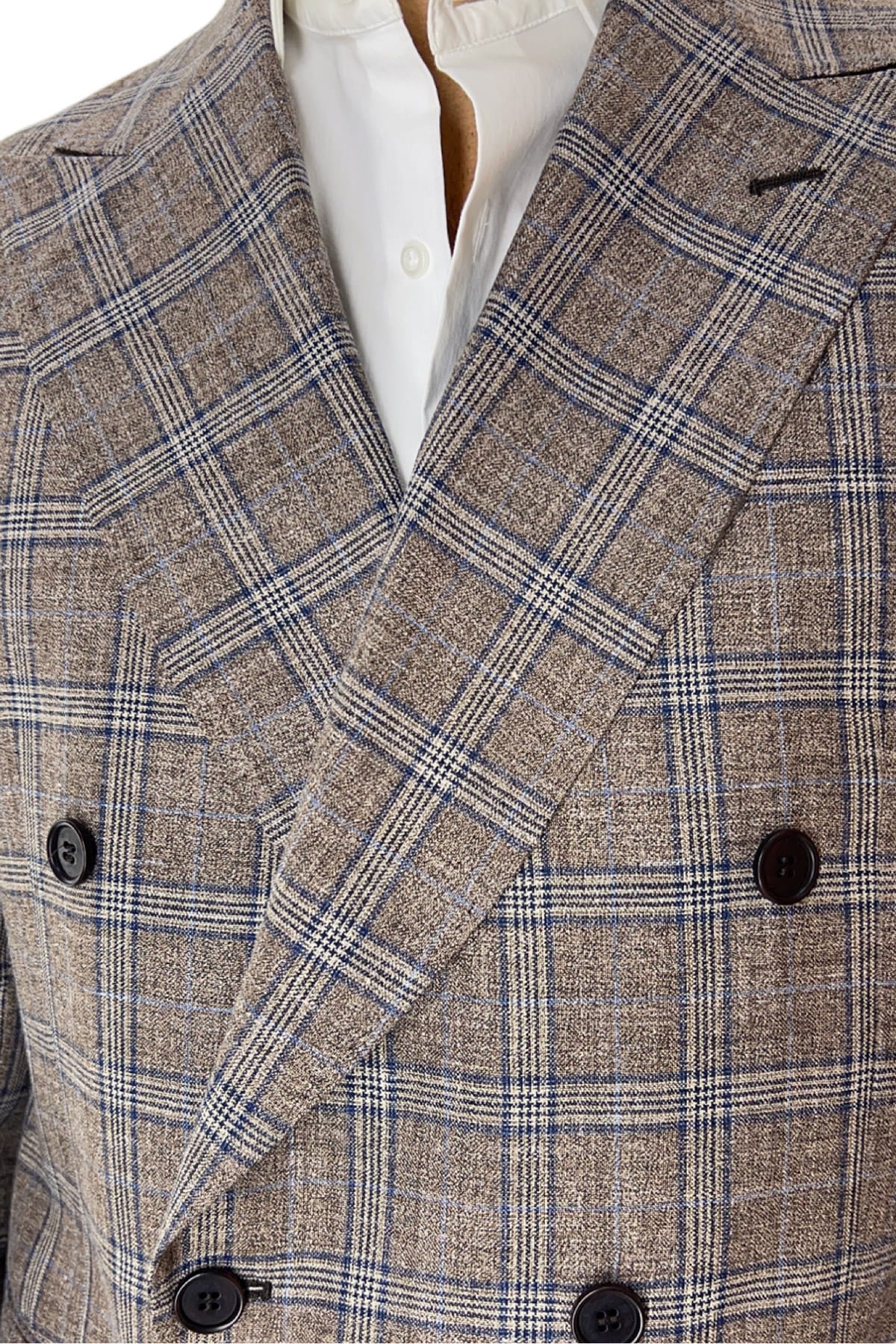 Giacca uomo doppiopetto marrone a quadri in fresco lana 120's seta e lino Holland & Sherry tasche a filo