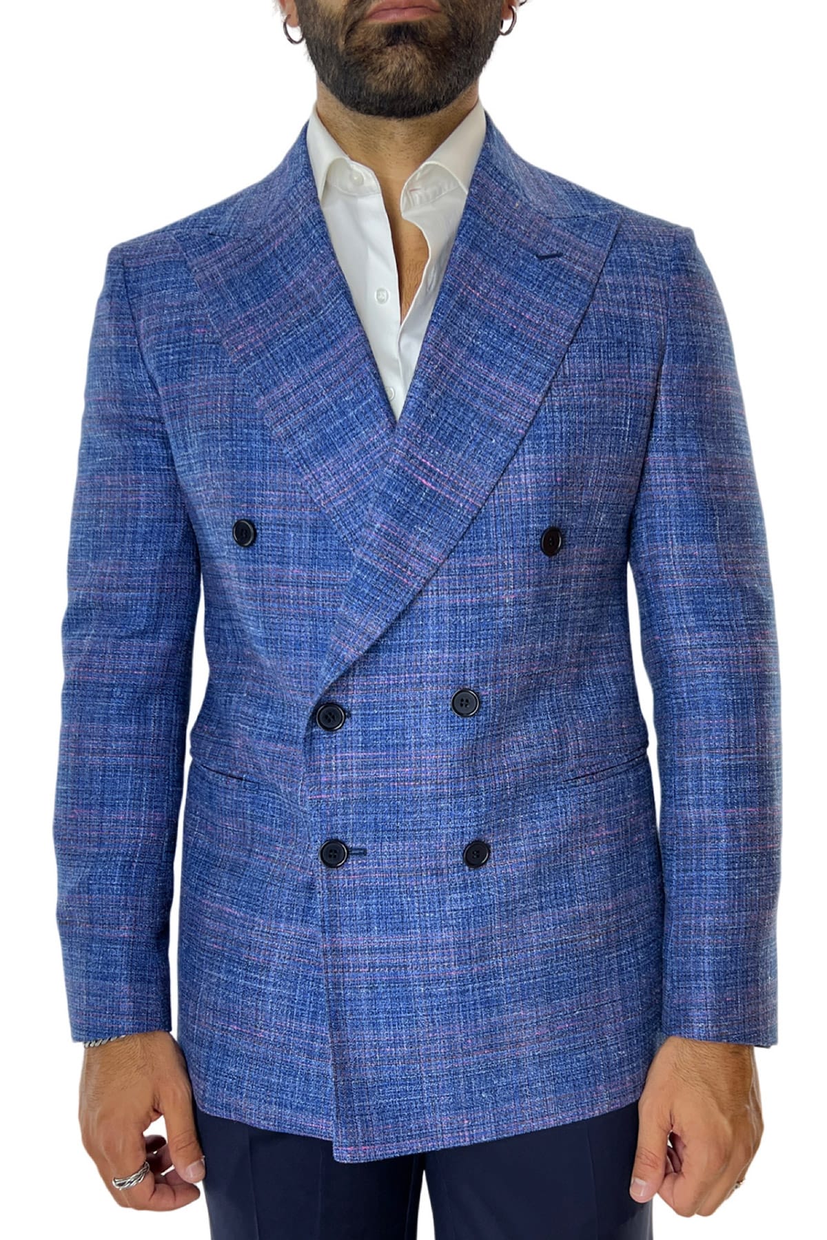 Giacca uomo doppiopetto royal blu effetto trama in fresco lana Merino  seta e lino Holland & Sherry tasche a filo