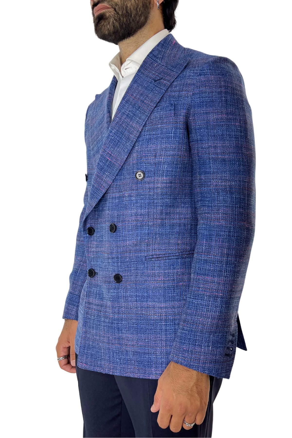 Giacca uomo doppiopetto royal blu effetto trama in fresco lana Merino  seta e lino Holland & Sherry tasche a filo