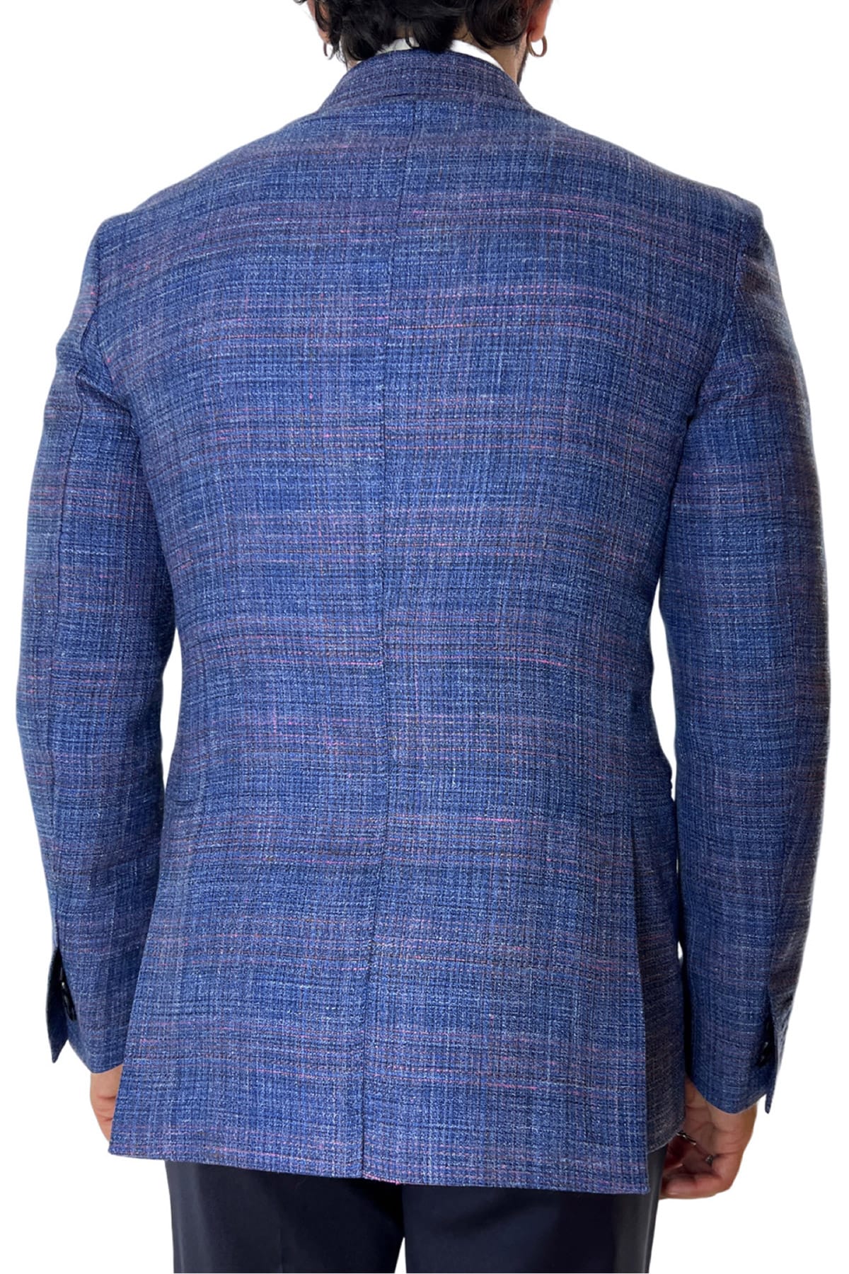 Giacca uomo doppiopetto royal blu effetto trama in fresco lana Merino  seta e lino Holland & Sherry tasche a filo