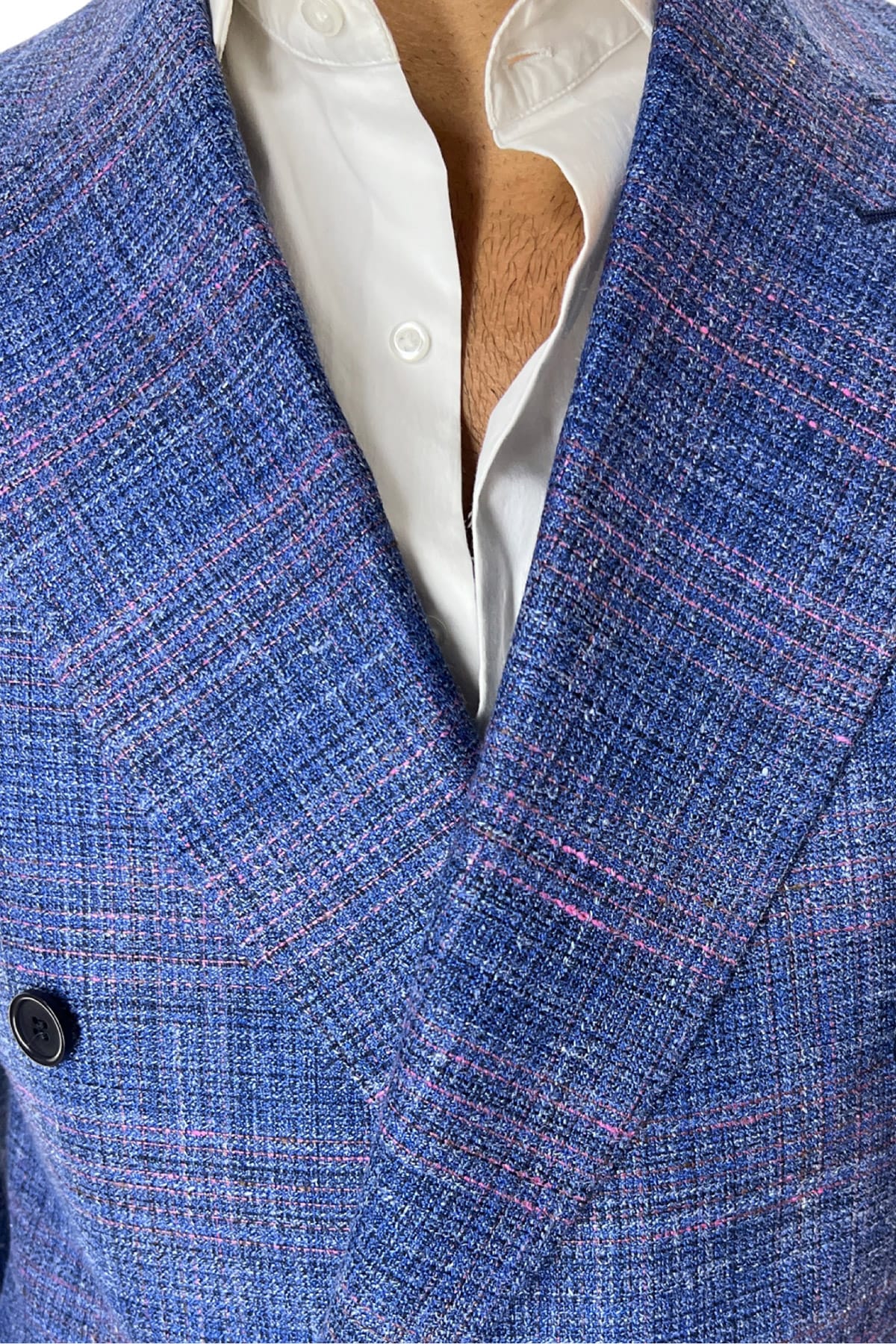 Giacca uomo doppiopetto royal blu effetto trama in fresco lana Merino  seta e lino Holland & Sherry tasche a filo