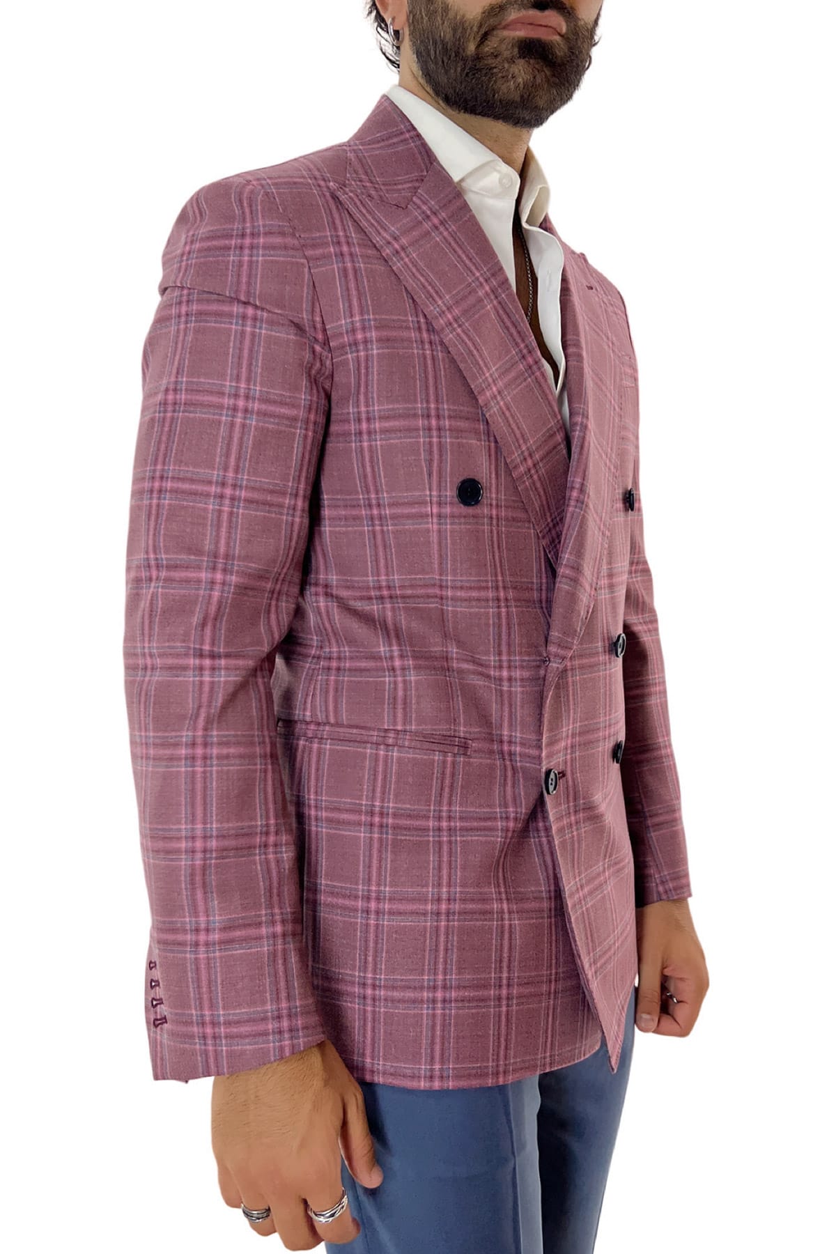 Giacca uomo doppiopetto bordeaux in fresco lana super 130's Holland & Sherry tasche a filo