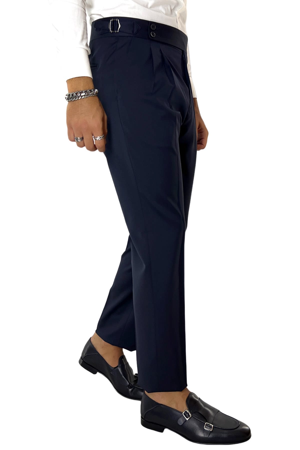 Pantalone uomo navy blu vita alta doppia pinces in fresco lana super 130's Vitale Barberis Canonico