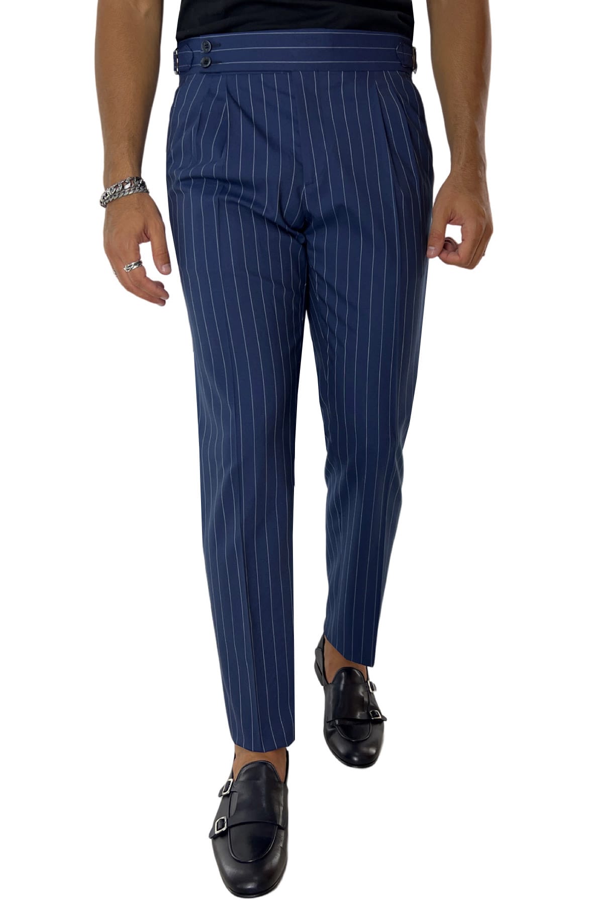 Pantalone uomo royal blu gessato vita alta doppia pinces in fresco lana Holland & Sherry