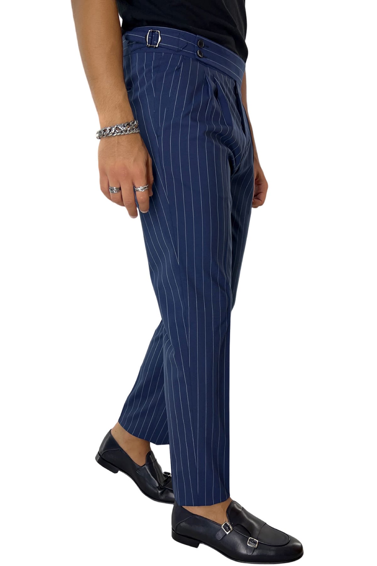 Pantalone uomo royal blu gessato vita alta doppia pinces in fresco lana Holland & Sherry