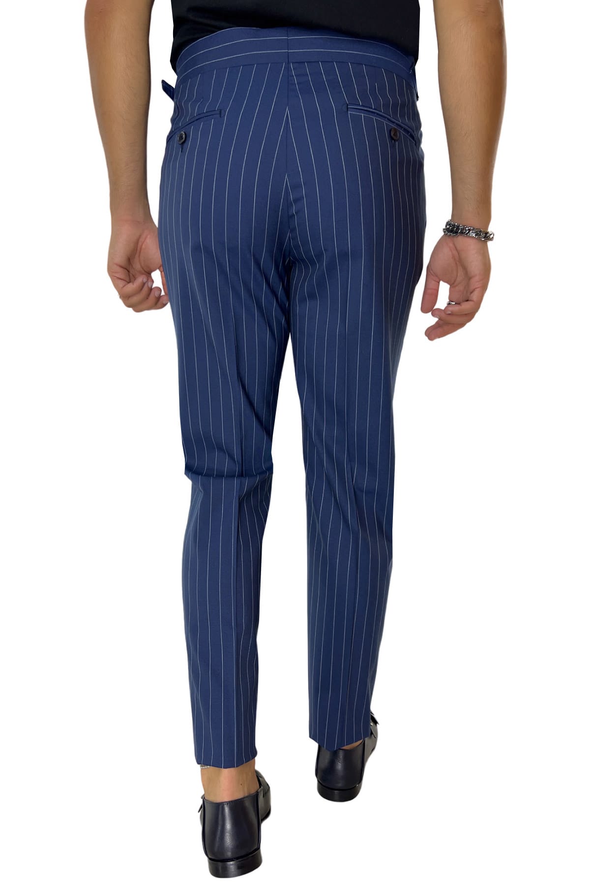 Pantalone uomo royal blu gessato vita alta doppia pinces in fresco lana Holland & Sherry