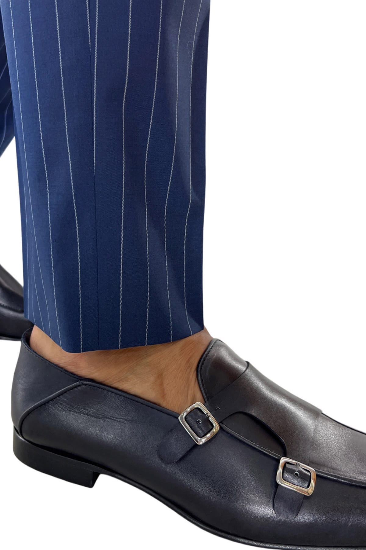 Pantalone uomo royal blu gessato vita alta doppia pinces in fresco lana Holland & Sherry